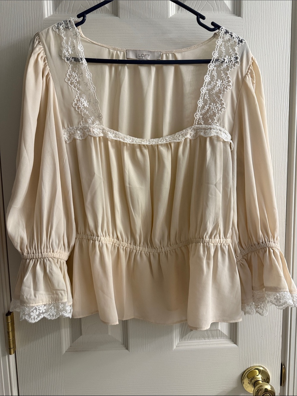 Large LOFT Cream Lace-Trim Peasant Top